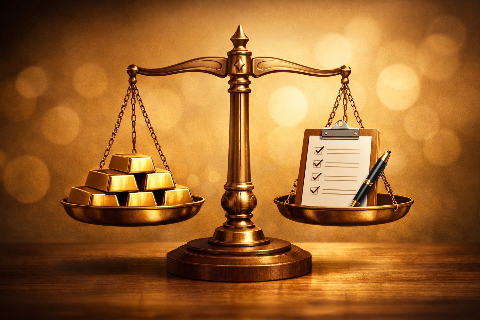 Illustration of a balance scale with gold bars on one side and a paper document on the other, symbolizing comparing and weighing options