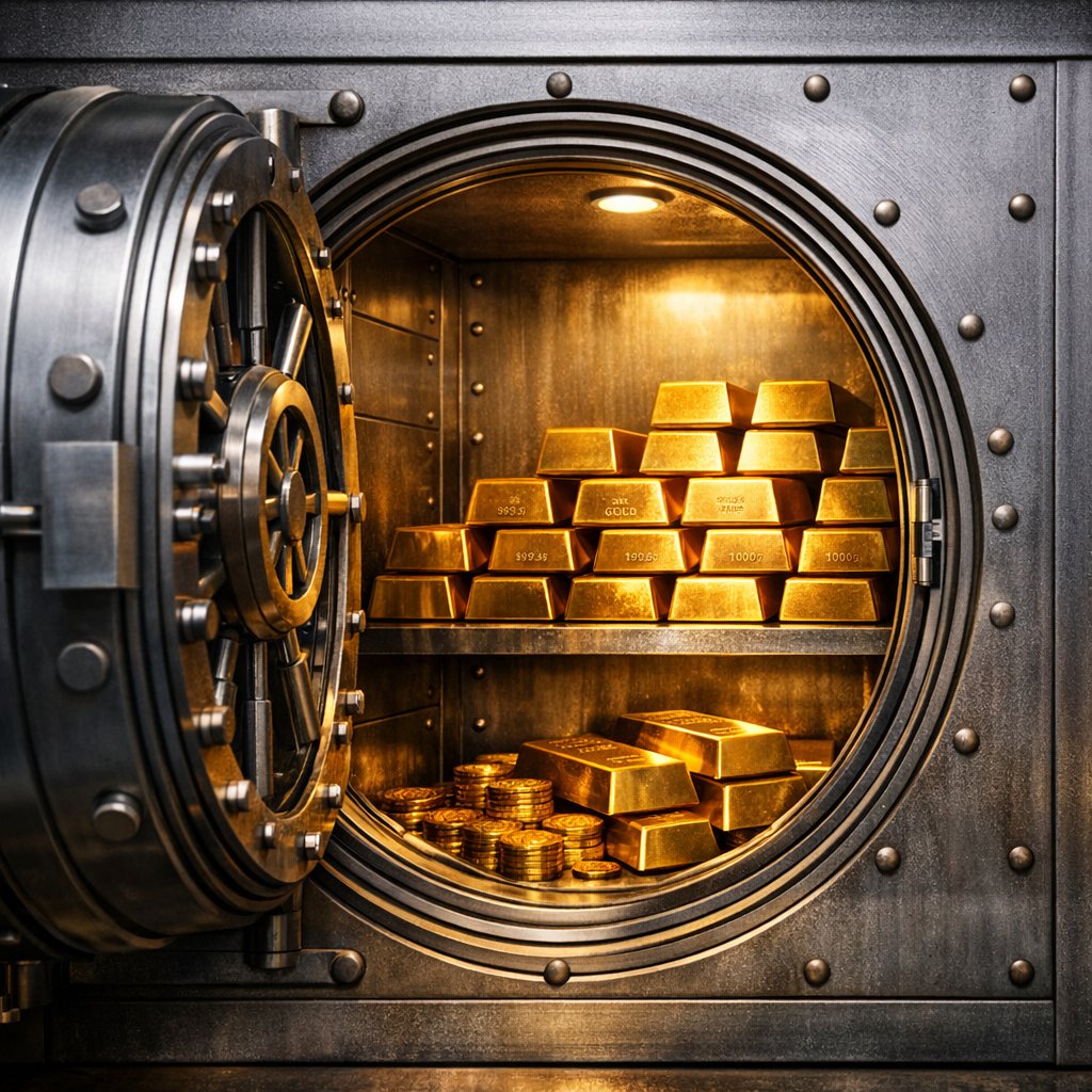 Secure vault opening to reveal stacks of shining gold bars inside, symbolizing secure retirement savings