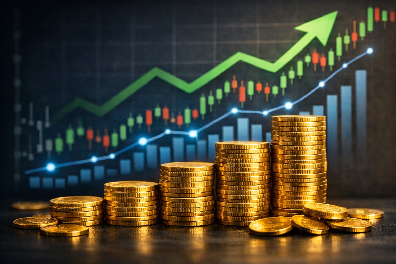 Illustration of stacked gold coins and a financial chart arrow trending upward, symbolizing diversification and growth