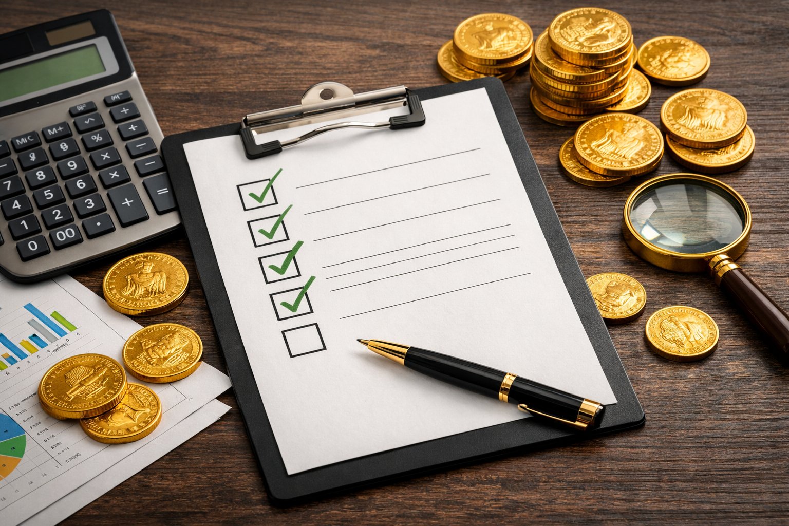 Flat lay illustration of a clipboard with a checklist and pen surrounded by scattered gold coins, representing evaluation of gold IRA companies
